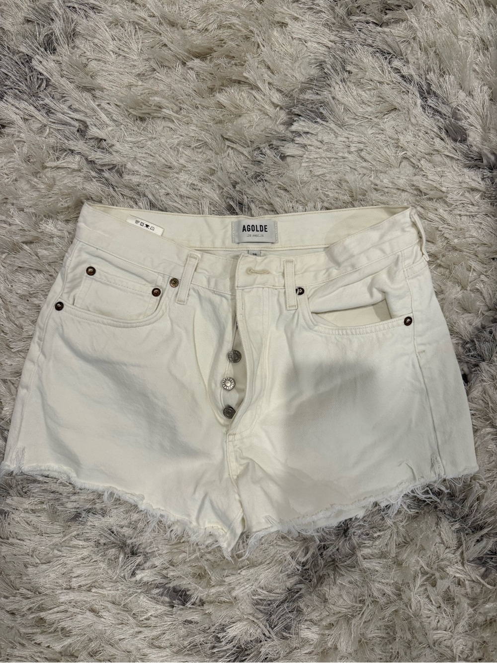 AGOLDE Cream High-Rise Button-Fly Frayed Denim Shorts